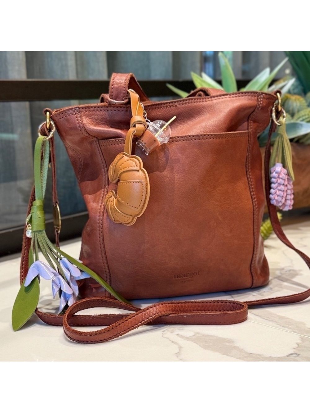 Margot New York Cognac Genuine Leather Tote Crossbody Bag